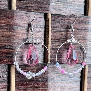 Small Pink Bead and Gem Hoops